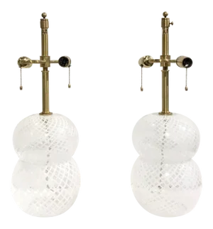 Barbara Barry Modern Geometric White and Gold Murano Glass Table Lamps Pair