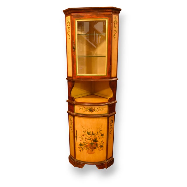 Light Yellow Venetian Style Folk Art Glass Hutch Corner Cabinet For Sale - Image 8 of 9