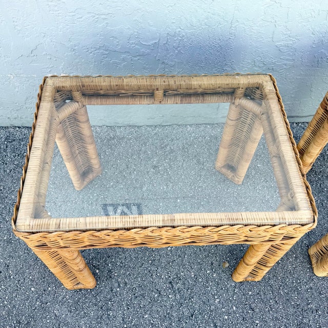 Boho Chic Boho Chic Woven Wicker Glass Top Side Tables - A Pair For Sale - Image 3 of 8