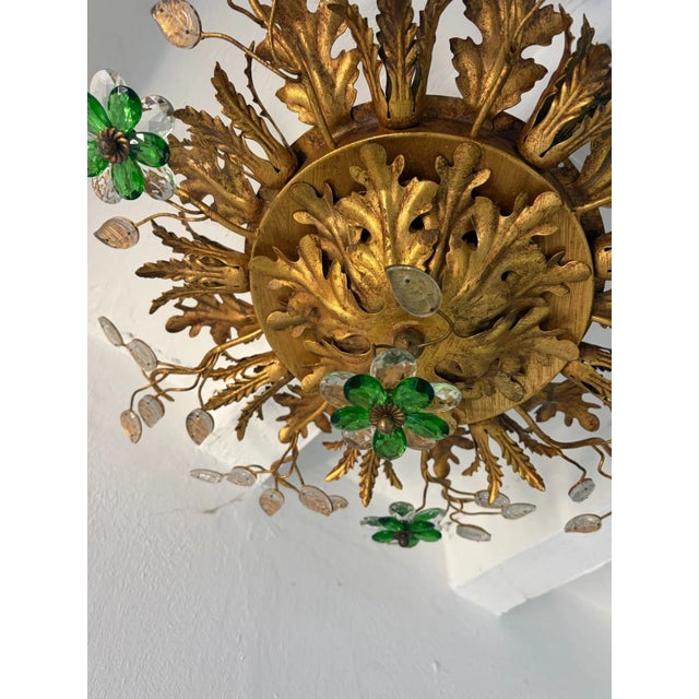 Flush Mount Maison Baguès Crystal Green Flowers Leaves Chandelier 9 Lights For Sale - Image 10 of 11