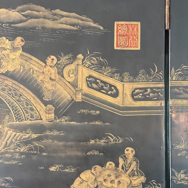 Paint Monumental Antique Chinese Coromandel Style Qing Lacquer Four-Panel Screen For Sale - Image 7 of 11