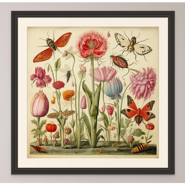 18' X 18' Framed 'Insects and Flowers' Botanical Print #7 | Chairish