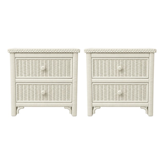 Vintage Henry Link Wicker Nightstands – Pair, Braided Rattan Detail For Sale