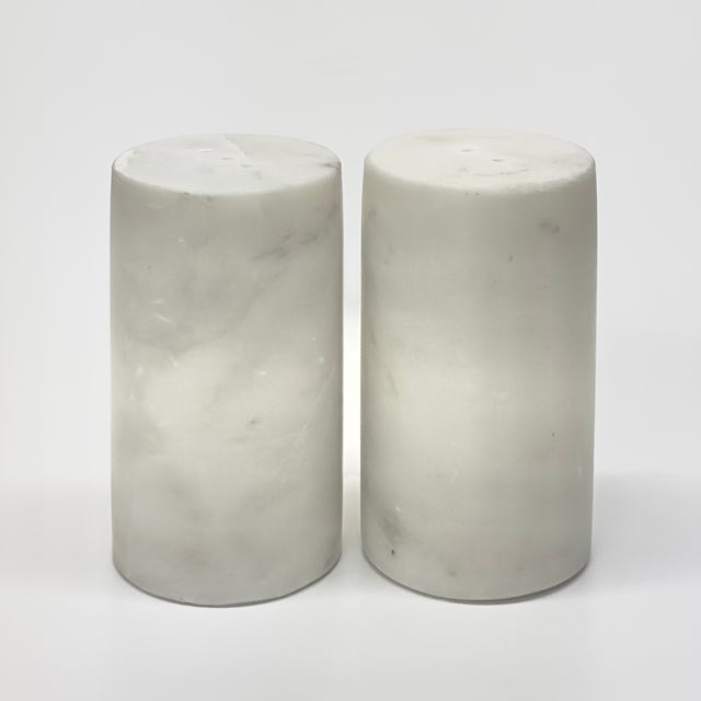Cylindrical Honed Carrara Marble Salt & Pepper Shakers For Sale - Image 4 of 7