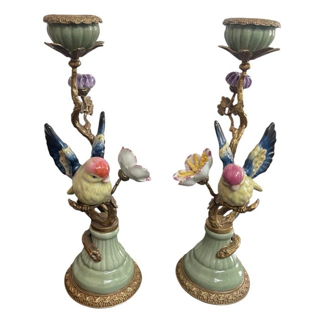 Pair of Vintage French-Style Porcelain and Ormolu Bird Candlesticks For Sale - Image 4 of 11