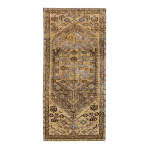 1960s Vintage Persian Distressed Handmade Geometric Brown Wool Runner