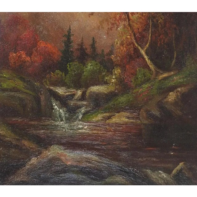 Antique late 19th Century oil on canvas mountain river landscape painting. Unsigned. Unframed, flat mounted on cardboard...