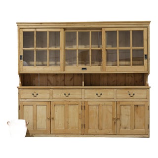 Massive Antique Pine Glazed Dresser With Sliding Doors | Circa 1880 For Sale