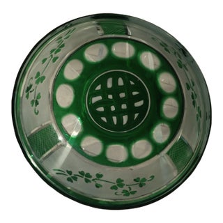 1980s Celtic Knot Irish Crystal Bowl Green Cut-to-Clear Shamrocks on Frosted Panels For Sale