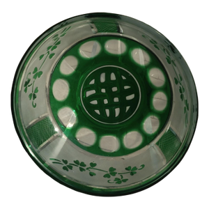 1980s Celtic Knot Irish Crystal Bowl Green Cut-to-Clear Shamrocks on Frosted Panels