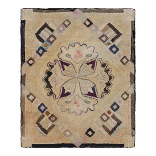 Antique Hooked Rug in Beige-Brown With Medallion and Patterns From Rug & Kilim For Sale