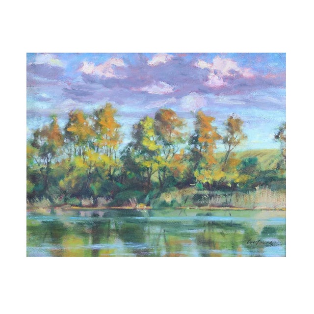 An original oil on canvas titled "Mid October" by American landscape painter Scott Woolever, depicting a tranquil autumn...
