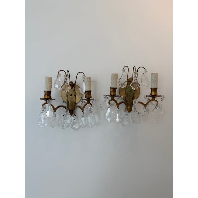 French Vintage French Style Brass & Crystal Two-Light Wall Sconces - a Pair For Sale - Image 3 of 4