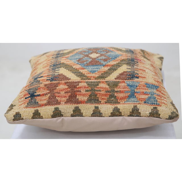 Tribal Arteverk Handwoven Afghan Kilim Pillow — Beige & Blue Diamond Medallion For Sale - Image 3 of 3