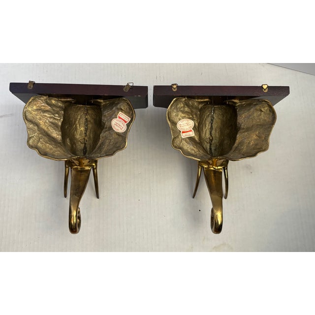 Mid 20th Century Pair Hollywood Regency Style Elephant Head Motif Brass Wall Brackets For Sale - Image 14 of 14