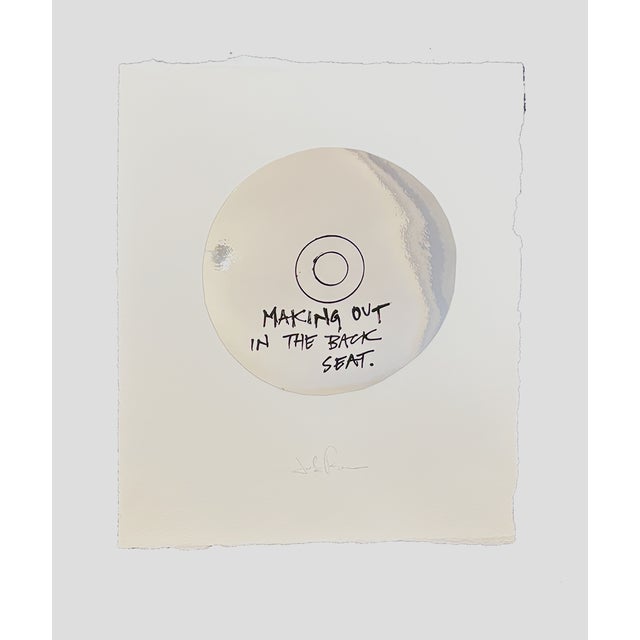 Conceptual mixed media artwork inspired by a CD playlist, featuring a minimalist circular form with hand-applied text and...
