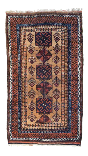 1930s Caucasian Rust Navy Blue Brown Tan Geometric Tribal Baluch Rug