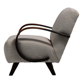 20th Century Czech Republic Warm Ivory Boucle Bentwood-Arm Lounge Chair For Sale