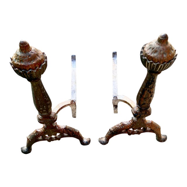 Antique Patinated Chippendale Ball Wrought Iron Fire Dogs- a Pair For Sale