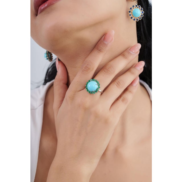 6.13ct Cabochon Turquoise & Emerald Halo Cocktail Ring in 14k White Gold Size 5 For Sale - Image 11 of 18