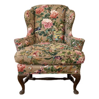 Antique William & Mary Wingback Armchair in Chinoiserie Botanical Upholstery For Sale