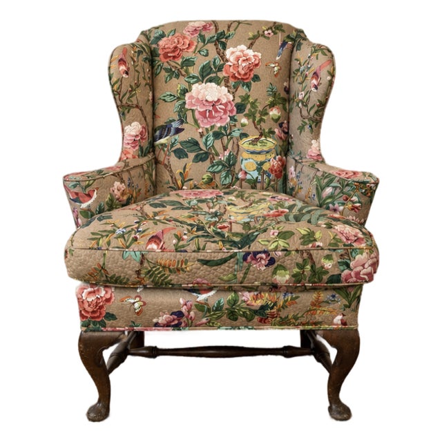 Antique William & Mary Wingback Armchair in Chinoiserie Botanical Upholstery For Sale
