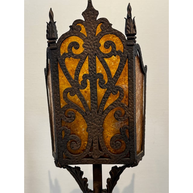Gothic Pair of Vintage Iron Floor Lamps With Amber Mica Shades For Sale - Image 3 of 12