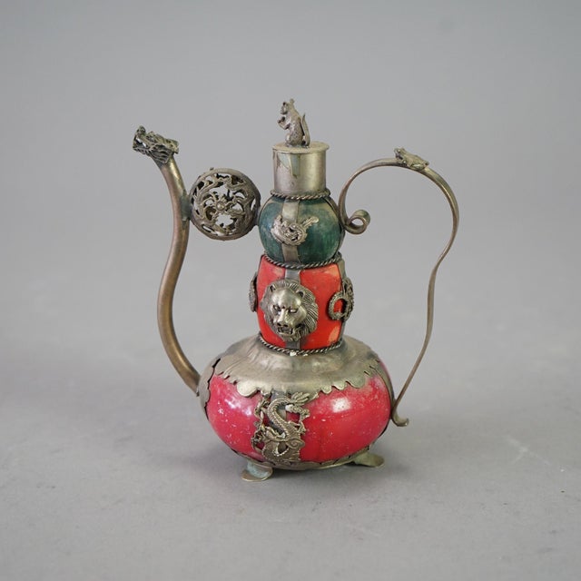 Chinese Porcelain Miniature Teapot with Silver-Tone Overlay, Early 20th Century For Sale - Image 4 of 7