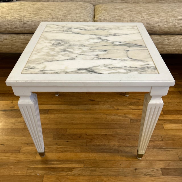 Glam Hollywood Regency - Style Painted White End Table With White Marble Top & Fluted Legs For Sale - Image 4 of 12