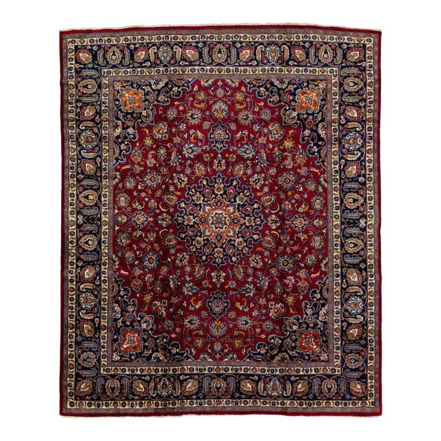 Vintage Mashad Persian Wool Rug in Red With Rossette Motif For Sale