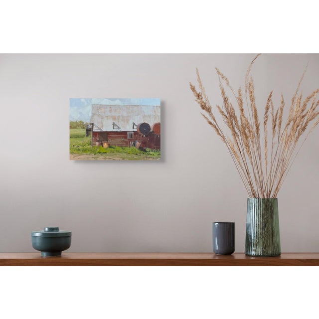 While They Work by Stephanie Hartshorn | Oil on Wood Panel Rustic barn with farm equipment and greenery For Sale - Image 4 of 4