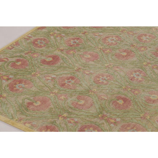 Contemporary Rug & Kilim’s Block Print Rug in Green With Rose Pink Floral Patterns For Sale - Image 3 of 8
