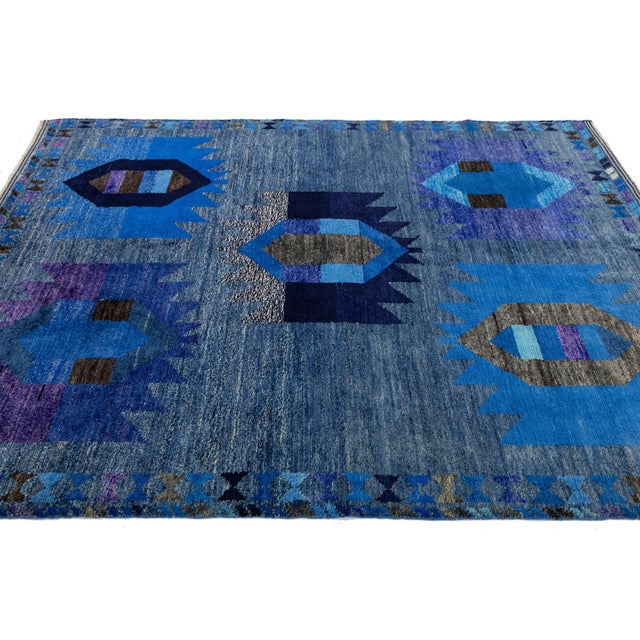 Modern Abstract Baluch Style Blue Wool Area Rug – Geometric Tribal Design 6x8 For Sale - Image 10 of 11