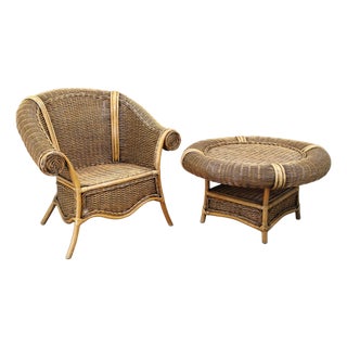 Vintage Organic Rattan Armchair and Round Coffee Table Set, 1990s, Set of 2 For Sale