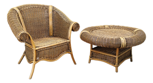 Vintage Organic Rattan Armchair and Round Coffee Table Set, 1990s, Set of 2
