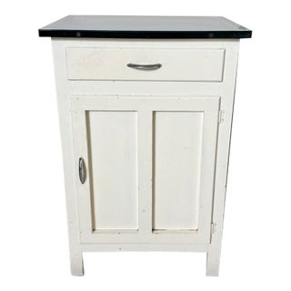 Antique Early 1900s White Painted Small Cabinet With Enamel Metal Top For Sale