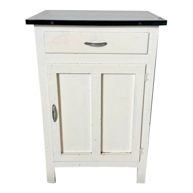 Antique Early 1900s White Painted Small Cabinet With Enamel Metal Top For Sale