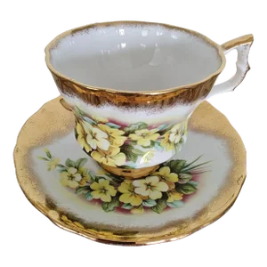 Royal Arden Tea Cup and Saucer Set With Floral and Heavy Gold Band Footed Teacup and Saucer Set