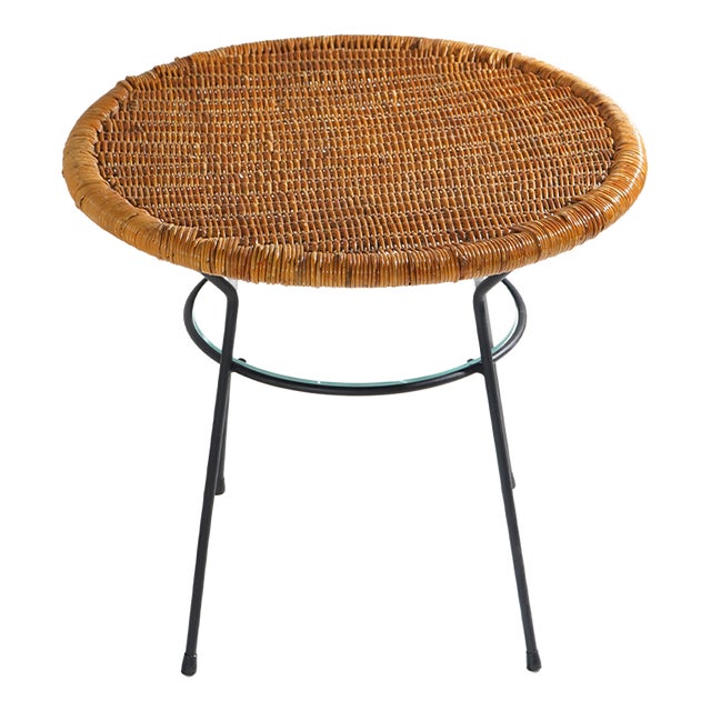 Coffee Table with Round Rattan Top, 1950s For Sale