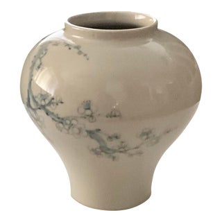 Korean White Celadon Style Vintage Pottery With Cherry Flower Design For Sale