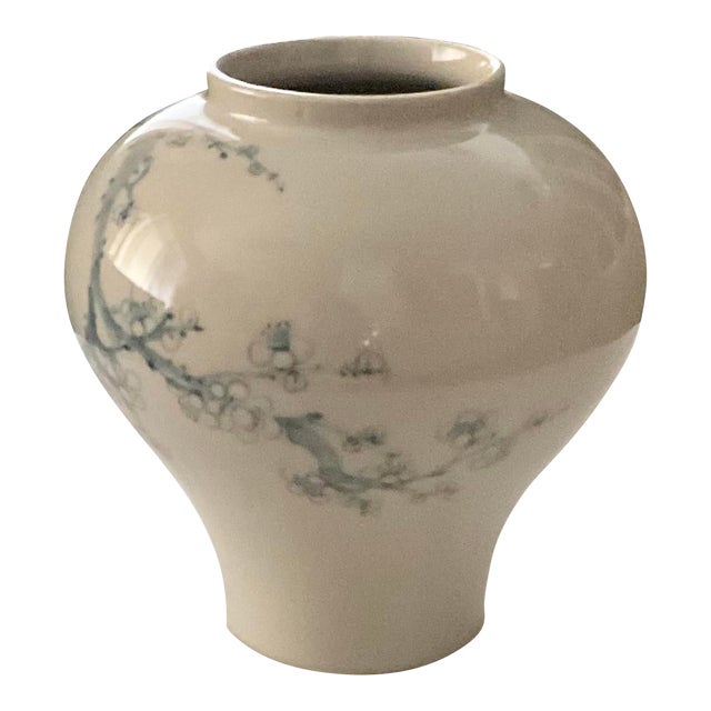 Korean White Celadon Style Vintage Pottery With Cherry Flower Design For Sale