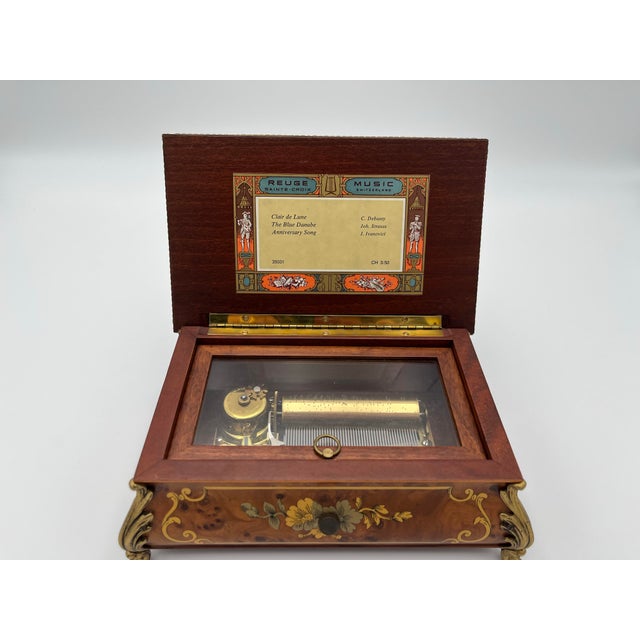 Swiss Vintage Regue Saint Croix music box with floral marquetry. Plays 3 songs: Clair de Lune The Blue Danube Anniversary...