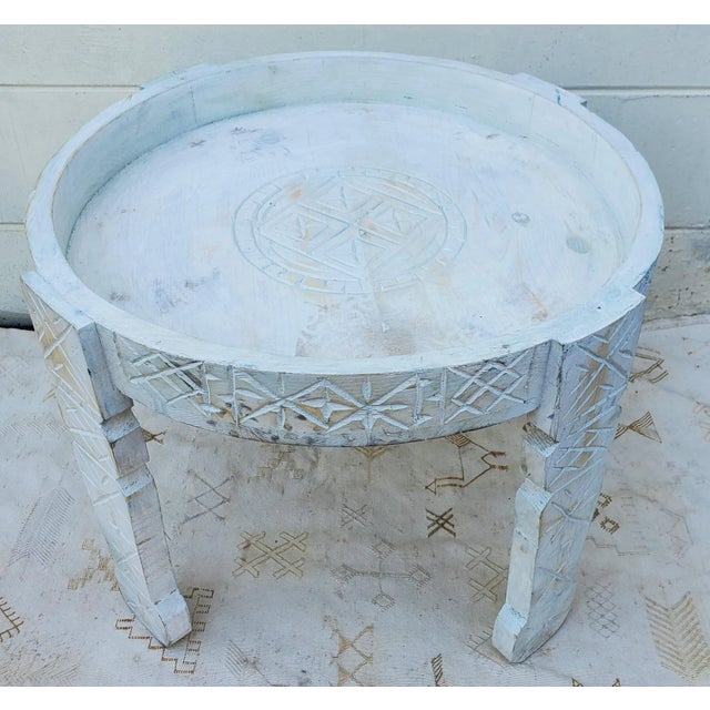 Moroccan Moroccan Hand Carved White Wash Wooden Table / Berber Style Tayfour Set of 3 For Sale - Image 3 of 6