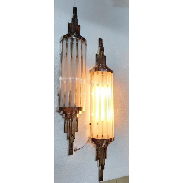 Pair Skyscraper Vintage Art deco light Old Lamp Wall Sconces Fixture Nickel Brass & Milk Clear Glass Rod Ship Light...