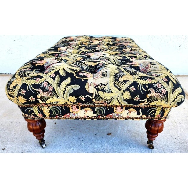 Black Oversized Ottoman Table Tufted Rolling Elephants Monkeys For Sale - Image 8 of 11