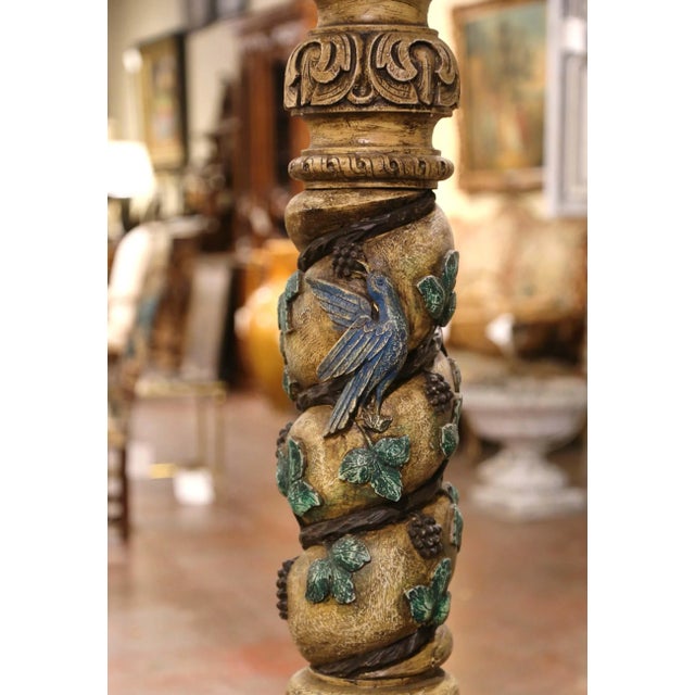 Tan Pair of 18th Century French Carved Polychrome Pedestals With Birds & Grapevines For Sale - Image 8 of 12