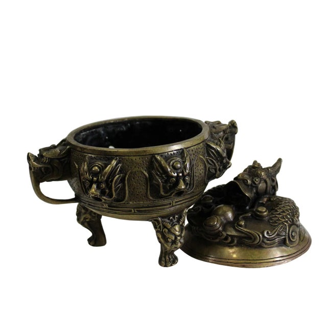 Chinese Chinese Brown Dragon Head Lid, Dragons Bronze Incense Burner For Sale - Image 3 of 7