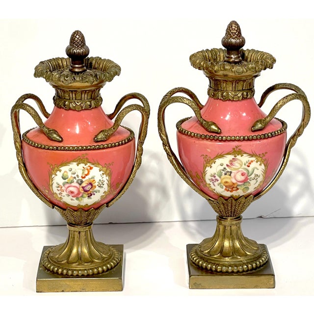 Late 19th Century Pair French Louis XVI Style Sèvres Rose Pompadour Ormolu-Mounted Cabinet Vases For Sale - Image 5 of 17