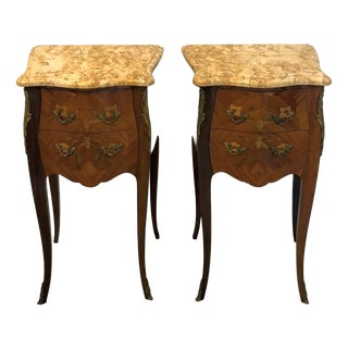 Antique French Kingwood Marquetry Marble Top Nightstands, 1920, Set of 2 For Sale