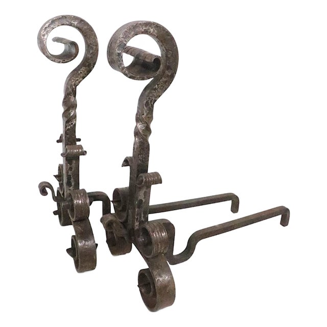 Early 20th Century Pair of Hand Forged Arts and Crafts Iron Andirons For Sale